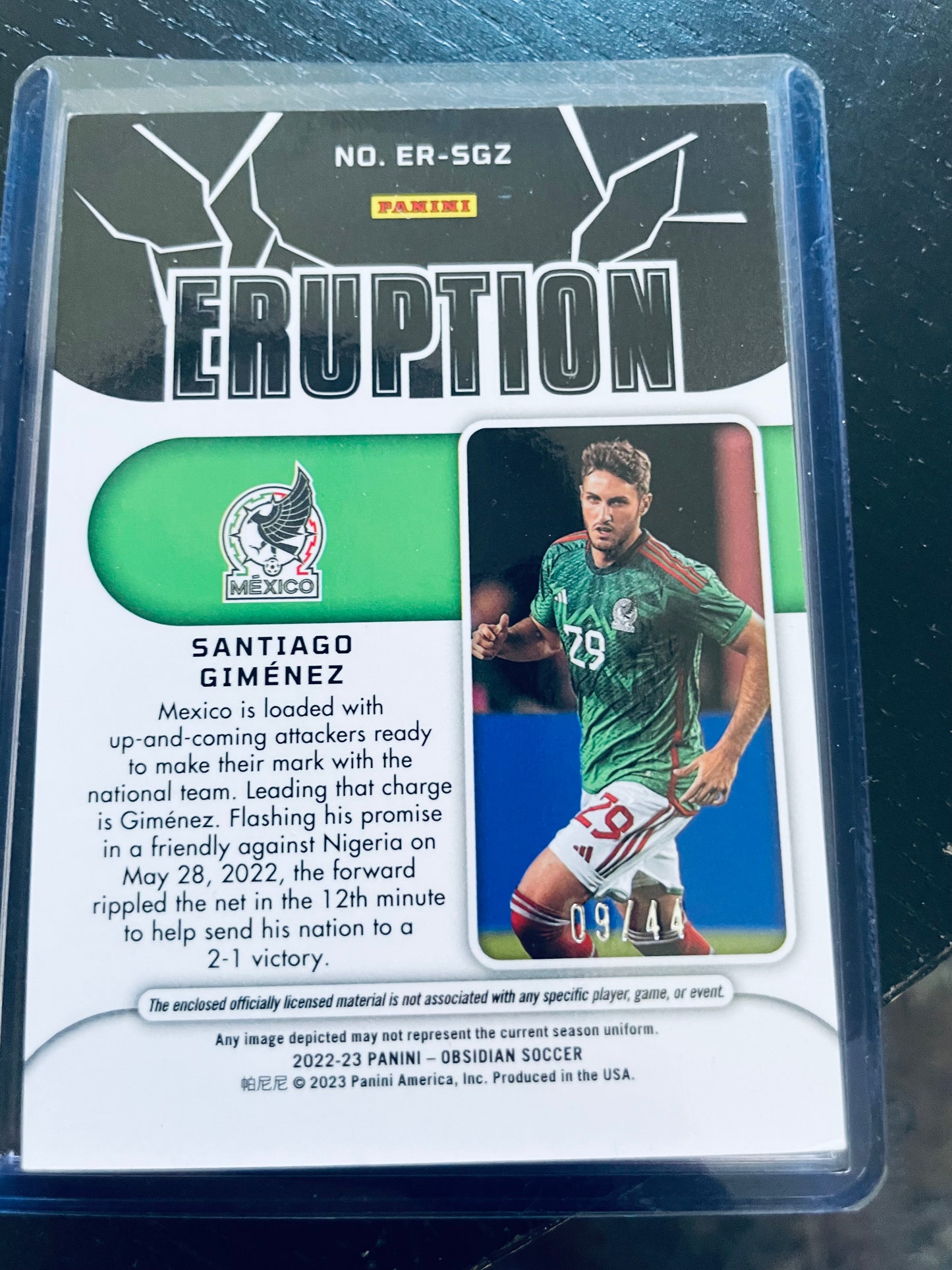 2022–23 Panini Obsidian Soccer –
Santiago Giménez Rookie Patch 09/44